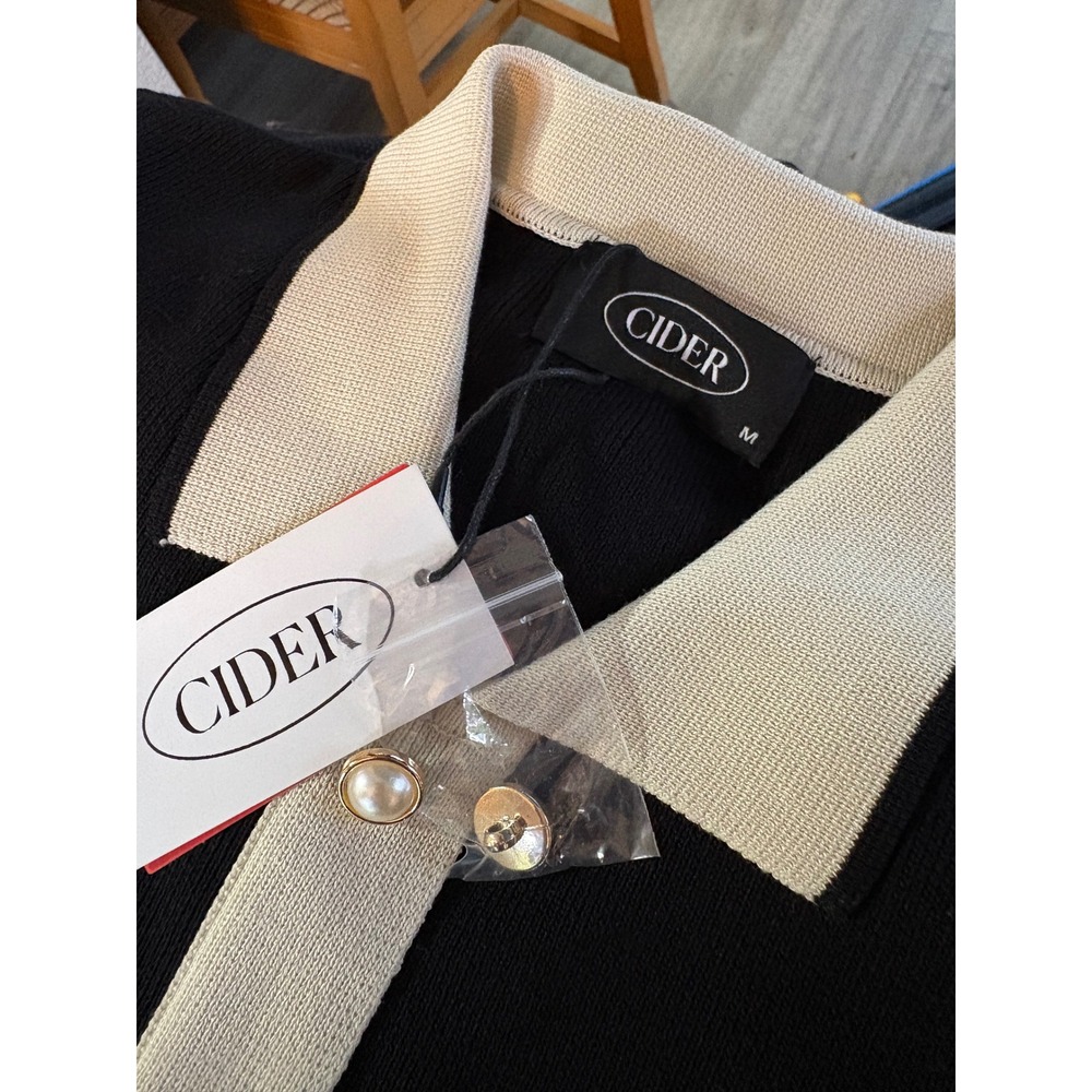 Cider Black Cream Knit Button Front Mod Dress Pearl Buttons M - Picture 6 of 8